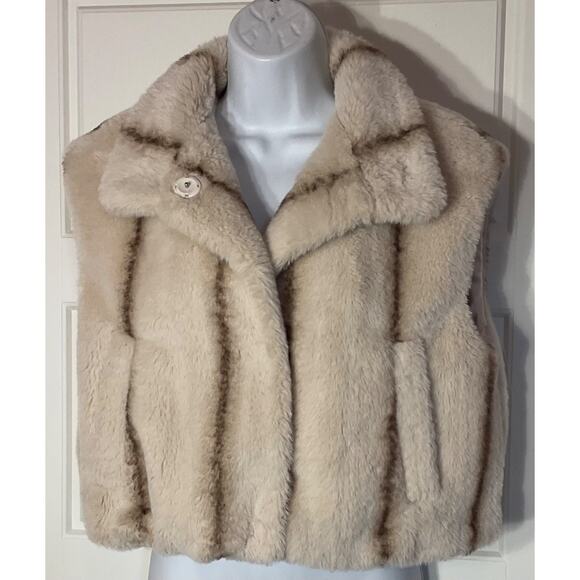 White House Black Market Jackets & Blazers - White House Black Market Beige Faux Fur Stripped Cropped Drawcord Hip Vest S